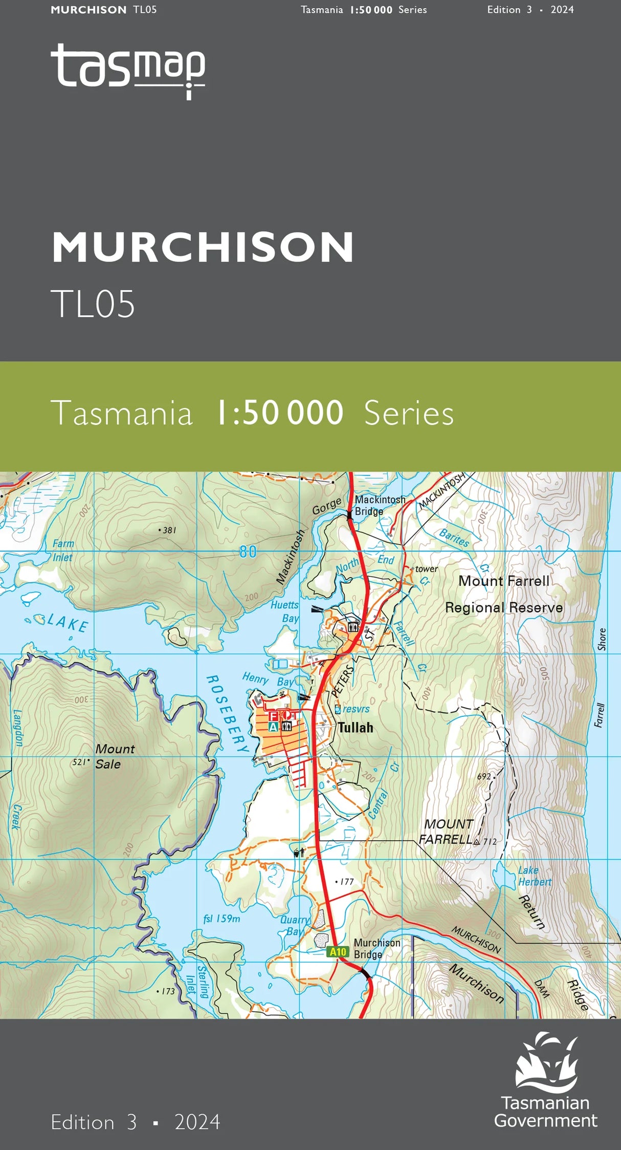 Front cover of a topographic map publication titled "Murchison TLO5" from the Tasmap series, showing a map of Murchison, Tasmania, with a dark gray header and footer and a green band across the center. - Tasmap 1:50000 Topographic/Cadastral Maps - Murchison