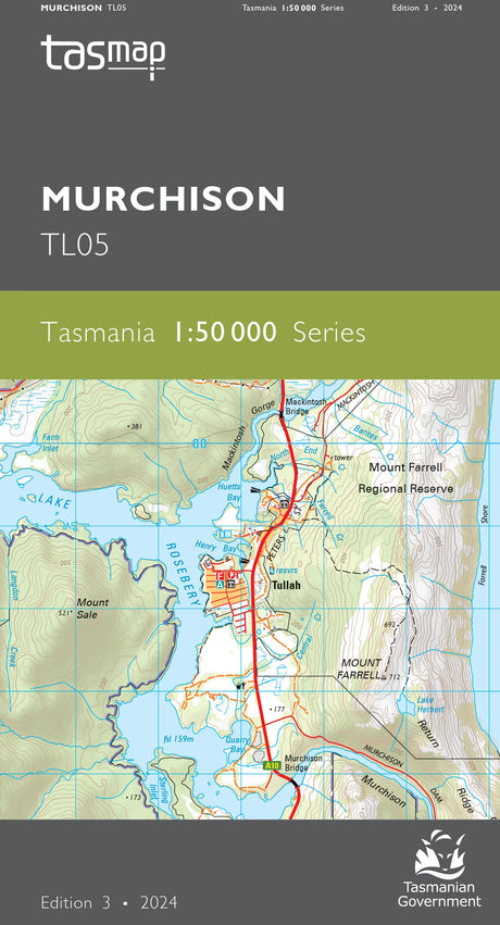 Front cover of a topographic map publication titled "Murchison TLO5" from the Tasmap series, showing a map of Murchison, Tasmania, with a dark gray header and footer and a green band across the center. - Tasmap 1:50000 Topographic/Cadastral Maps - Murchison