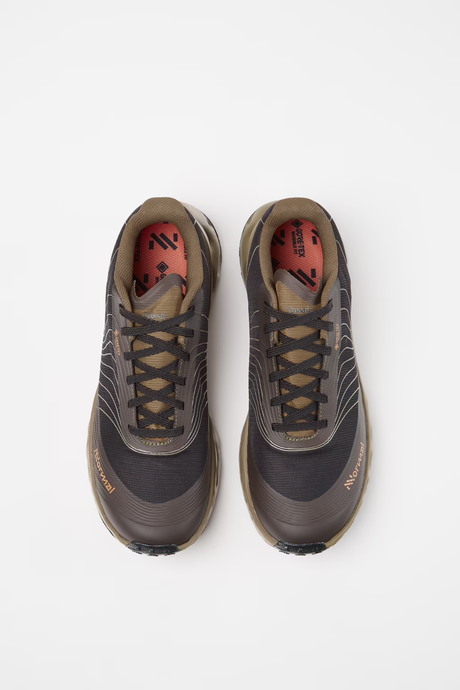 A pair of Altra running shoes in dark brown and black with a red and black Altra logo on the insole, shown from a top-down view on a white background. - NNormal Tomir 2.0 GORE-TEX Shoes (Unisex) - Brown/Black