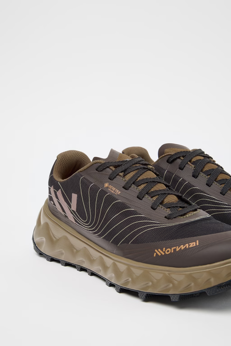 Brown and beige athletic shoe with black laces on a white background - NNormal Tomir 2.0 GORE-TEX Shoes (Unisex) - Brown/Black