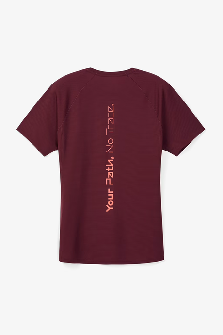 Maroon t-shirt with 'Your Path, No Trace' text on the back against a white background - NNormal Race T-Shirt 02 (Women's) - Burgundy