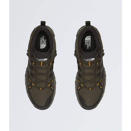 A pair of The North Face hiking shoes in olive green and black, shown from a top-down view on a light gray background. - The North Face Hedgehog Mid GORE-TEX Boots (Men's) - New Taupe Green/TNF Black