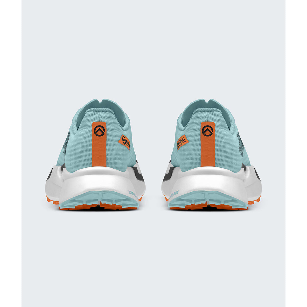 A pair of running shoes shown from the back, featuring a light blue-green mesh upper, a white midsole, and bright orange heel accents with black logo details, set against a light gray background. - The North Face Summit Series VECTIV Pro 3 Shoes (Unisex) - Canal Blue/Papaya