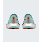 A pair of running shoes shown from the back, featuring a light blue-green mesh upper, a white midsole, and bright orange heel accents with black logo details, set against a light gray background. - The North Face Summit Series VECTIV Pro 3 Shoes (Unisex) - Canal Blue/Papaya
