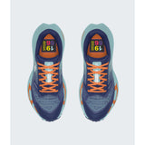 A pair of athletic running shoes shown from a top-down view on a light gray background. The shoes feature a navy blue mesh upper, a light teal midsole, bright orange laces, and orange accents on the sides and heel. - The North Face VECTIV Enduris 4 Shoes (Women's) - Bold Blue/Canal Blue