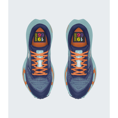 A pair of athletic running shoes shown from a top-down view on a light gray background. The shoes feature a navy blue mesh upper, a light teal midsole, bright orange laces, and orange accents on the sides and heel. - The North Face VECTIV Enduris 4 Shoes (Women's) - Bold Blue/Canal Blue