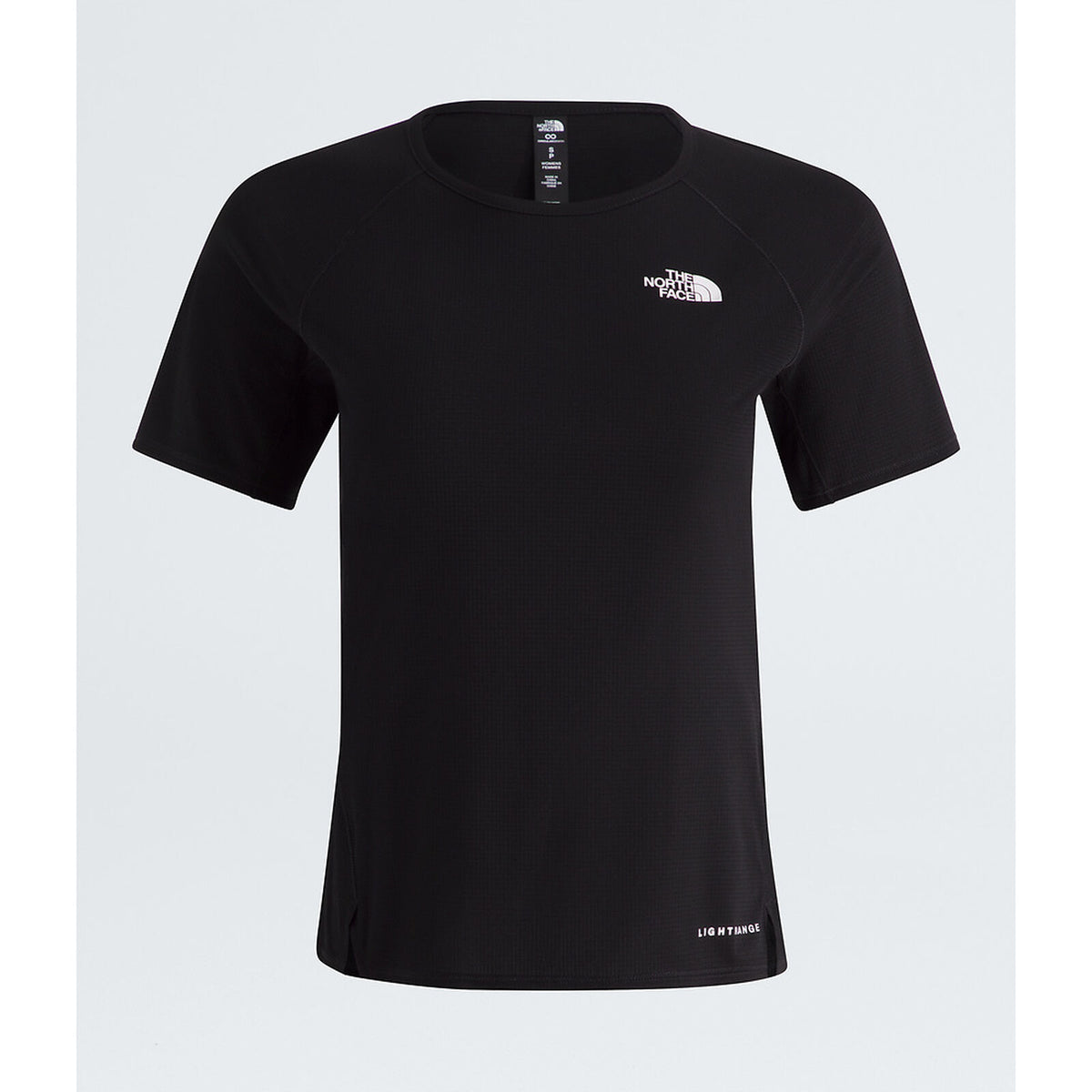 A black short-sleeve crewneck athletic t-shirt by The North Face, featuring a small white logo on the left chest and 'LIFEBALLOON' printed near the bottom hem, displayed against a light gray background. - The North Face Sunriser Short-Sleeve T-Shirt (Women's) - TNF Black