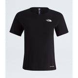 A black short-sleeve crewneck athletic t-shirt by The North Face, featuring a small white logo on the left chest and 'LIFEBALLOON' printed near the bottom hem, displayed against a light gray background. - The North Face Sunriser Short-Sleeve T-Shirt (Women's) - TNF Black