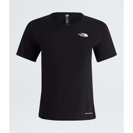 A black short-sleeve crewneck athletic t-shirt by The North Face, featuring a small white logo on the left chest and 'LIFEBALLOON' printed near the bottom hem, displayed against a light gray background. - The North Face Sunriser Short-Sleeve T-Shirt (Women's) - TNF Black