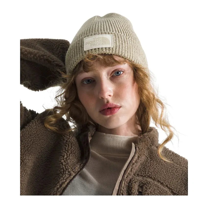 The North Face TNF Logo Box Cuffed Beanie - Gravel Heather/White Dune