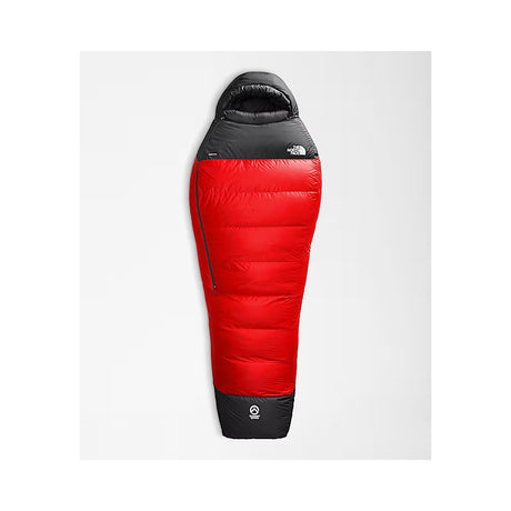 A red and black mummy-style sleeping bag from The North Face, shown flat against a light gray background. - The North Face Inferno Sleeping Bag - 20F / -29C