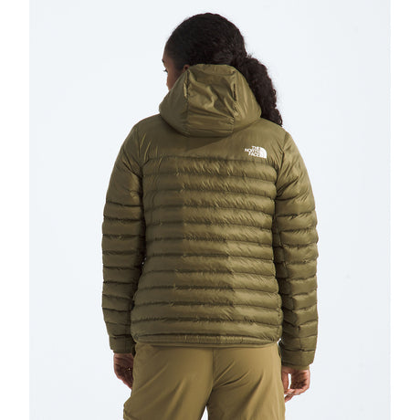 Person wearing a green puffer jacket with 'The North Face' logo on a white background - The North Face Terra Peak Hooded Jacket (Women's) - Cedar