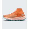 A single high-top athletic shoe by The North Face in bright orange with turquoise accents and a pale peach midsole, shown in profile against a light gray background. - The North Face Offtrail Ultra Shoes (Women's) - Papaya/Canal Blue