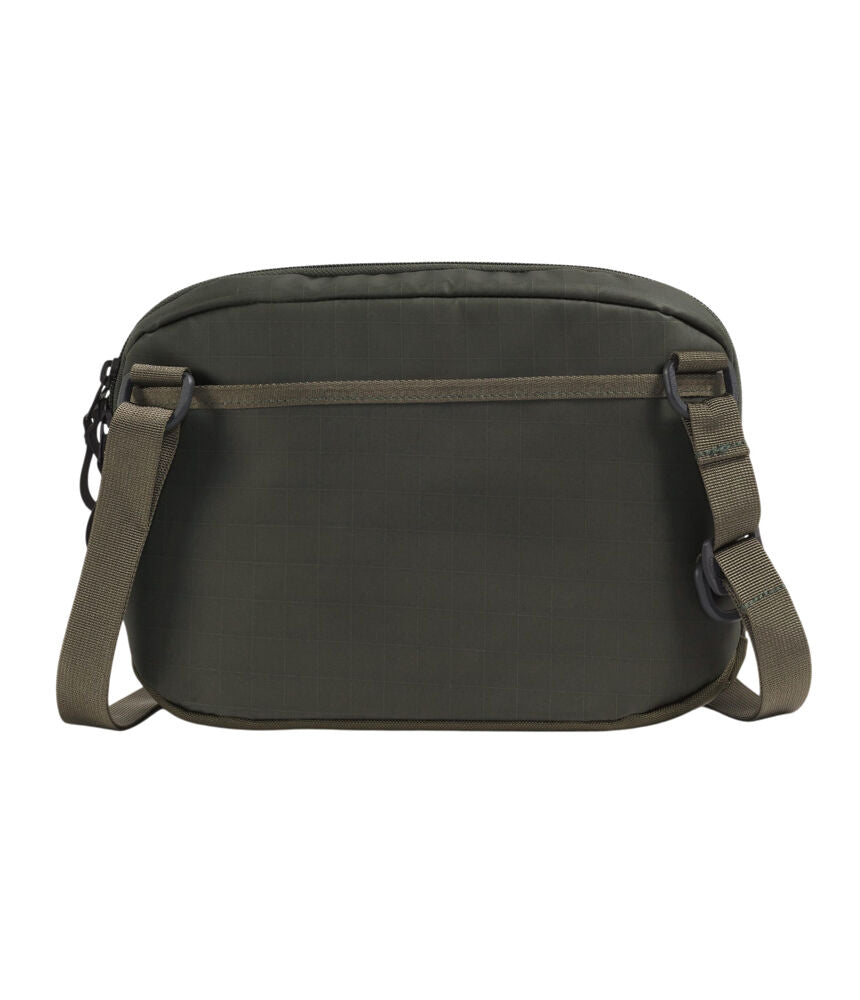 An olive green crossbody bag with a matching adjustable shoulder strap, displayed against a solid white background. - The North Face Base Camp Voyager Pro Crossbody Bag - New Taupe Green/TNF Black