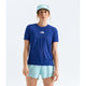 A woman modeling a royal blue short-sleeve athletic t-shirt by The North Face, paired with light blue shorts and a matching light blue cap, against a plain light gray studio background. - The North Face Summit High Trail Short Sleeve-Graphic (Women's) - Bold Blue