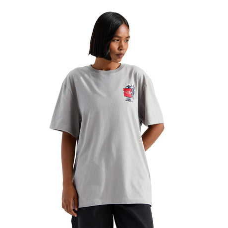 Person wearing a gray t-shirt with a logo on a white background - The North Face Gear Up Get Out Relaxed Short-Sleeve Tee-Graphic (Unisex) - Stone Slab