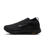 A black Nike running shoe with a textured mesh upper, a dark gray Swoosh logo, and a black Vibram outsole, shown in a side profile on a white background. - Nike ACG Zegama Trail GORE-TEX Shoes (Men's) - Black/Anthracite