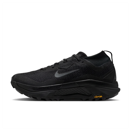 A black Nike running shoe with a textured mesh upper, a dark gray Swoosh logo, and a black Vibram outsole, shown in a side profile on a white background. - Nike ACG Zegama Trail GORE-TEX Shoes (Men's) - Black/Anthracite