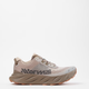 A single running shoe in a light beige and taupe colorway, featuring a textured knit upper, a thick sculpted midsole, and the 'Normal' brand name printed on the side, set against a plain white studio background. - NNormal Cadí Shoes (Men's) - Brown