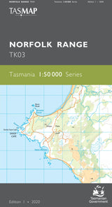 Front cover of a TASMAP Norfolk Range TK03 map publication from the Tasmania 1:50 000 Series, showing a coastal map of Norfolk Island with labels and publication details. - Tasmap 1:50000 Topographic/Cadastral Maps - Northfolk Range