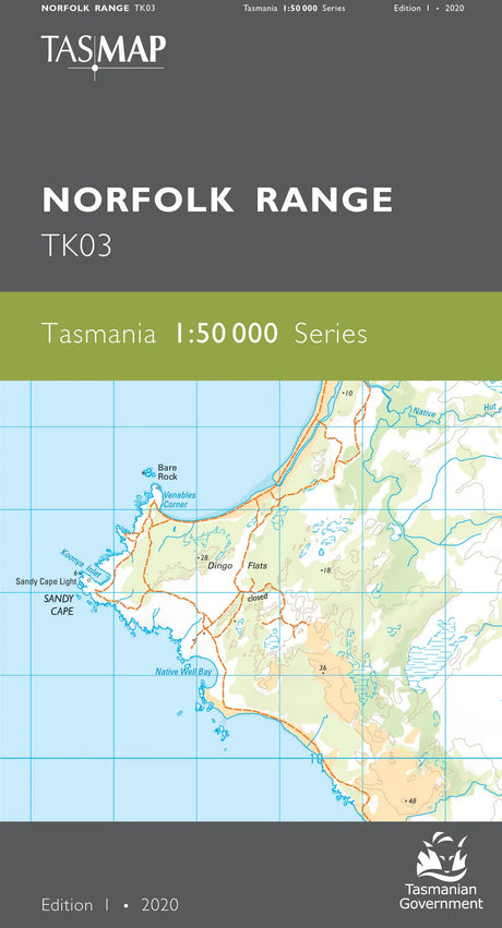 Front cover of a TASMAP Norfolk Range TK03 map publication from the Tasmania 1:50 000 Series, showing a coastal map of Norfolk Island with labels and publication details. - Tasmap 1:50000 Topographic/Cadastral Maps - Northfolk Range