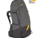 A dark gray and black technical hiking backpack with yellow accents, shown on a white background with a 'Still Made in Australia' badge in the top right corner. - One Planet Tussock 60L Pack - Black