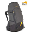 A dark gray and black technical hiking backpack with yellow accents, shown on a white background with a 'Still Made in Australia' badge in the top right corner. - One Planet Tussock 60L Pack - Black