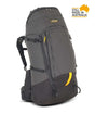 A dark gray and black technical hiking backpack with yellow accents, shown on a white background with a 'Still Made in Australia' badge in the top right corner. - One Planet Tussock 60L Pack - Black