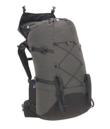 A black and gray patterned hiking backpack with multiple compression straps and buckles, shown against a plain white background. - One Planet Extrovert 55 Pack - Black