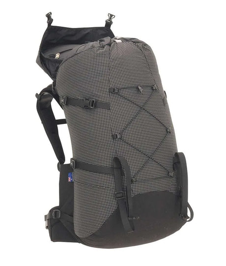 A black and gray patterned hiking backpack with multiple compression straps and buckles, shown against a plain white background. - One Planet Extrovert 55 Pack - Black