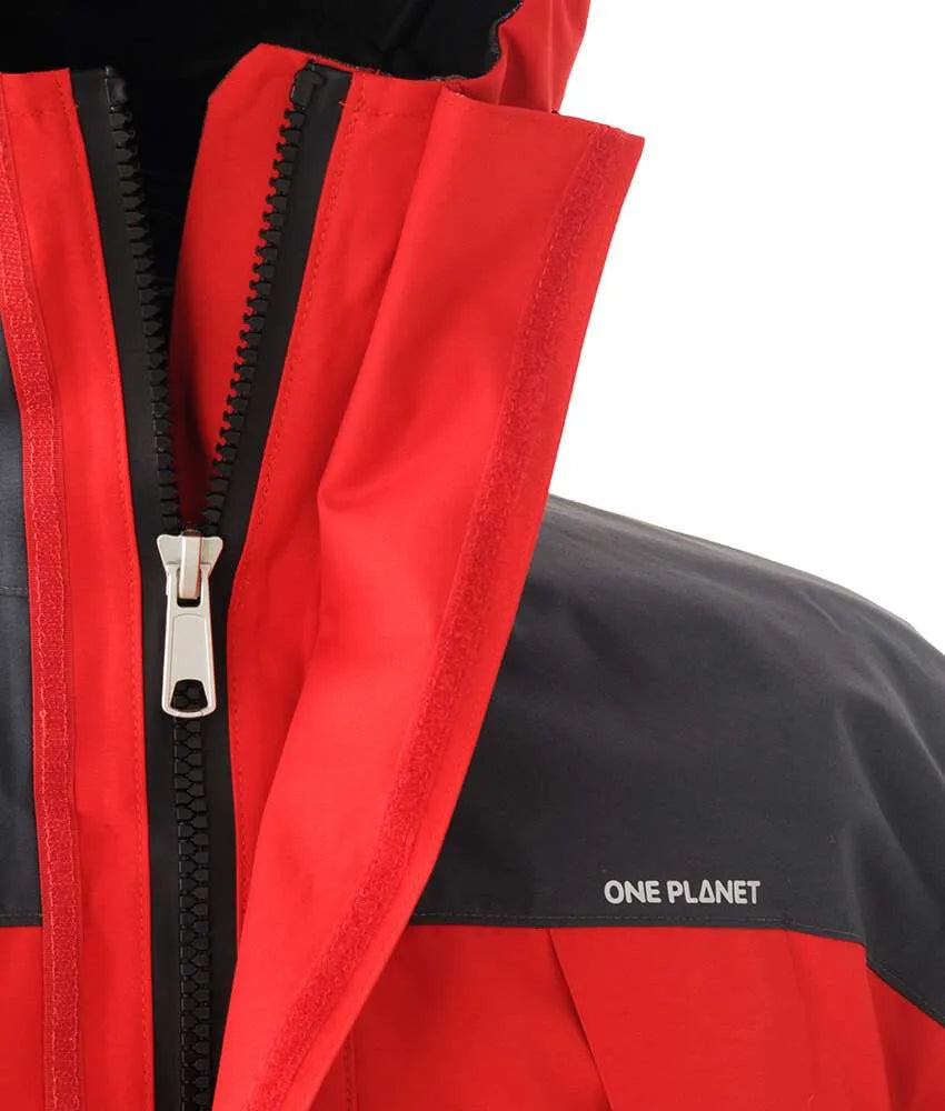 Close-up of a red and black hooded jacket with a black zipper, silver zipper pull, and white 'ONE PLANET' text on the chest, set against a plain white background. - One Planet Torrent Jacket (Men's) - Red/Charcoal