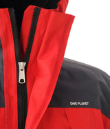 Close-up of a red and black hooded jacket with a black zipper, silver zipper pull, and white 'ONE PLANET' text on the chest, set against a plain white background. - One Planet Torrent Jacket (Men's) - Red/Charcoal