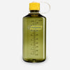 Nalgene water bottle with yellow cap on a white background - Nalgene Narrow Mouth Sustain Water Bottle (1L) - Oil Green With Freesia