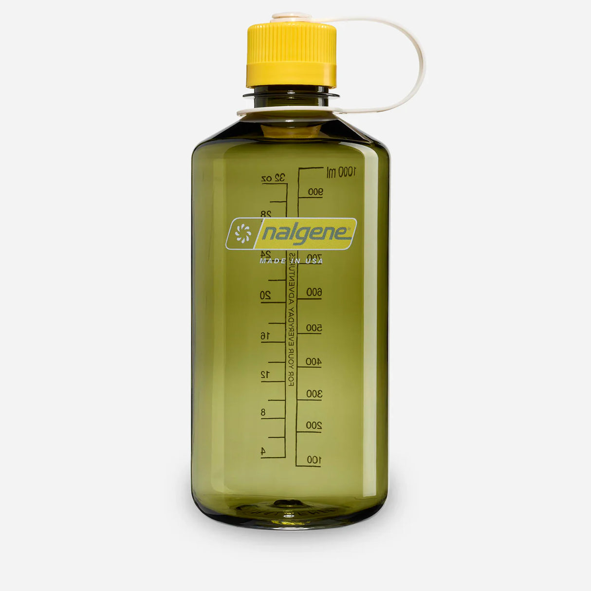Nalgene water bottle with yellow cap on a white background - Nalgene Narrow Mouth Sustain Water Bottle (1L) - Oil Green With Freesia