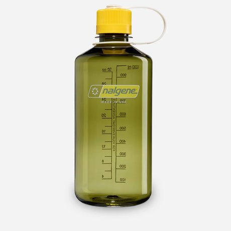 Nalgene water bottle with yellow cap on a white background - Nalgene Narrow Mouth Sustain Water Bottle (1L) - Oil Green With Freesia