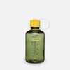 A translucent olive green Nalgene water bottle with a yellow cap and a clear carry loop, shown on a light gray background. - Nalgene Narrow Mouth Sustain Water Bottle (500ml) - Oil Green With Freesia