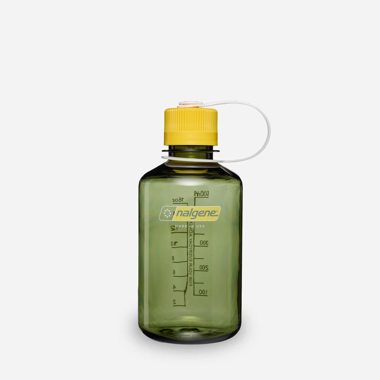 A translucent olive green Nalgene water bottle with a yellow cap and a clear carry loop, shown on a light gray background. - Nalgene Narrow Mouth Sustain Water Bottle (500ml) - Oil Green With Freesia