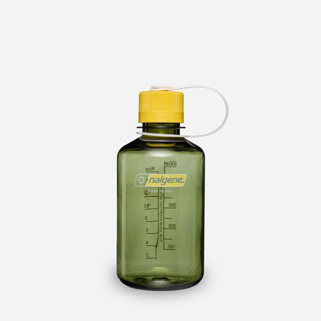 A translucent olive green Nalgene water bottle with a yellow cap and a clear carry loop, shown on a light gray background. - Nalgene Narrow Mouth Sustain Water Bottle (500ml) - Oil Green With Freesia