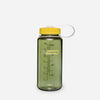Green Nalgene water bottle with a yellow cap on a white background - Nalgene Wide Mouth Sustain Water Bottle (500ml) - Oil Green With Freesia