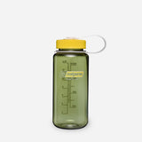 Green Nalgene water bottle with a yellow cap on a white background - Nalgene Wide Mouth Sustain Water Bottle (500ml) - Oil Green With Freesia
