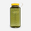 Green Nalgene water bottle with a yellow cap on a white background - Nalgene Wide Mouth Sustain Water Bottle (1L) - Oil Green With Freesia