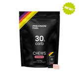 A black stand-up pouch of Precision Fuel 30g carb chews in Watermelon flavor, shown on a white background with a green 'NEW!' badge in the top right and a single pink chew visible at the bottom right. - Precision Fuel & Hydration 30 Chew - Watermelon - 15 Pack - Bag