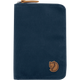 A dark navy blue zippered document pouch with a brown leather fox logo patch on the bottom right and a matching brown leather zipper pull, shown on a plain white background. - Fjällräven Passport Wallet - Navy