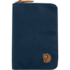 A dark navy blue zippered document pouch with a brown leather fox logo patch on the bottom right and a matching brown leather zipper pull, shown on a plain white background. - Fjällräven Passport Wallet - Navy