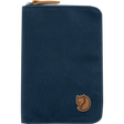 A dark navy blue zippered document pouch with a brown leather fox logo patch on the bottom right and a matching brown leather zipper pull, shown on a plain white background. - Fjällräven Passport Wallet - Navy