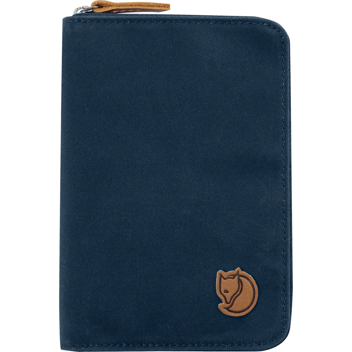 A dark navy blue zippered document pouch with a brown leather fox logo patch on the bottom right and a matching brown leather zipper pull, shown on a plain white background. - Fjällräven Passport Wallet - Navy