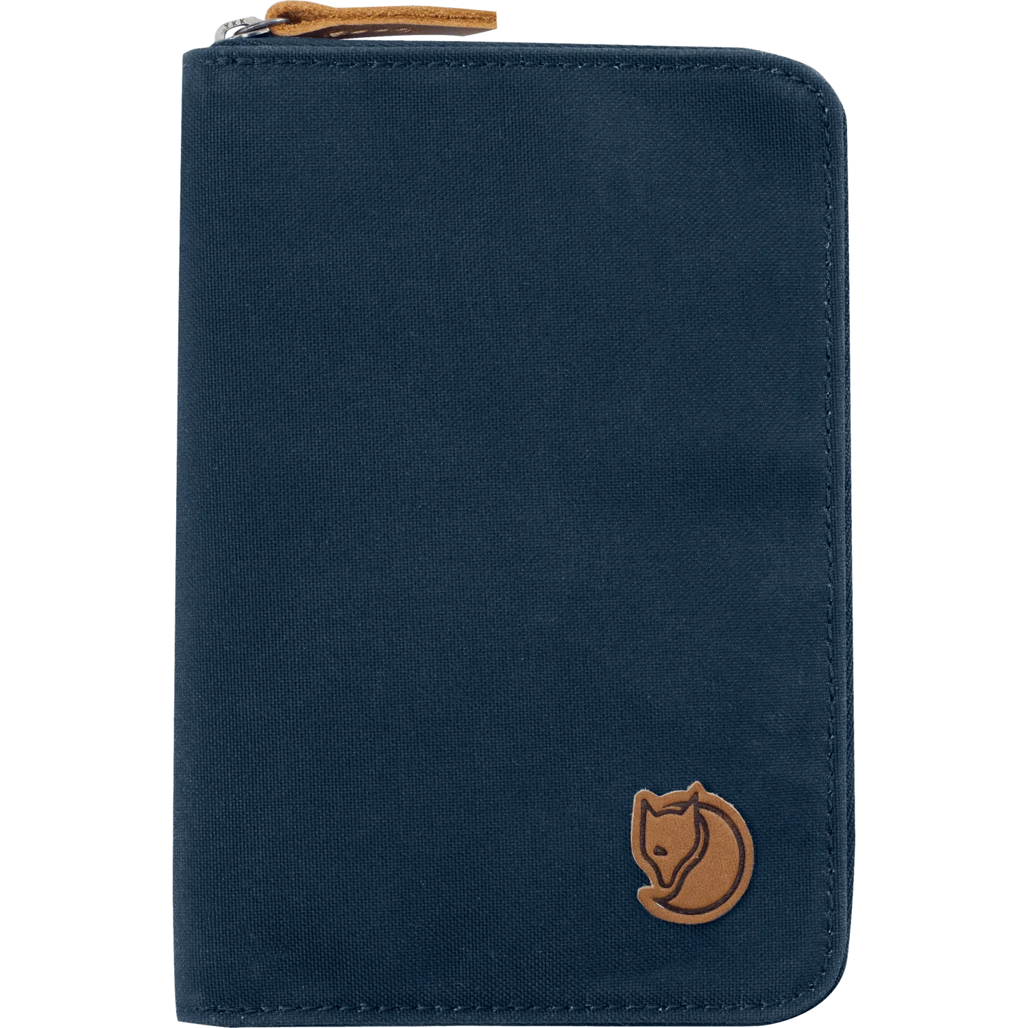 A dark navy blue zippered document pouch with a brown leather fox logo patch on the bottom right and a matching brown leather zipper pull, shown on a plain white background. - Fjällräven Passport Wallet - Navy