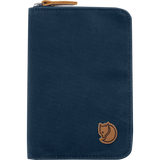 A dark navy blue zippered document pouch with a brown leather fox logo patch on the bottom right and a matching brown leather zipper pull, shown on a plain white background. - Fjällräven Passport Wallet - Navy