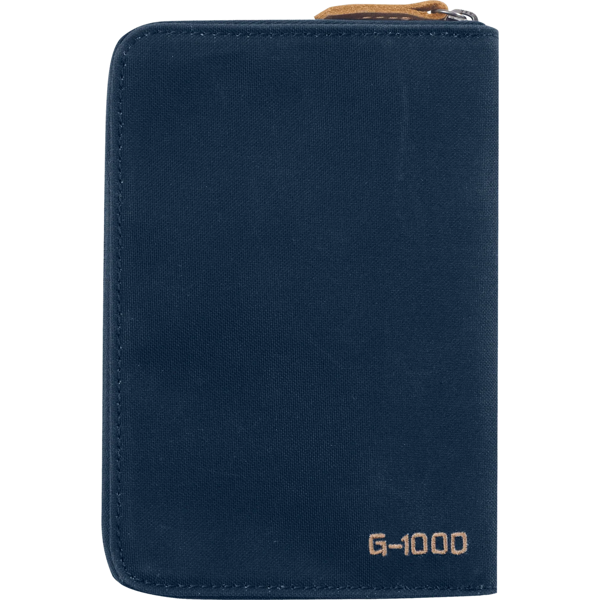 A navy blue canvas zippered document pouch with a tan zipper pull and 'G-1000' printed in tan near the bottom right, shown on a plain white background. - Fjällräven Passport Wallet - Navy