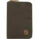 An olive green canvas zippered document pouch with a brown Fox logo patch on the lower right and a matching brown leather zipper pull, shown on a plain white background. - Fjällräven Passport Wallet - Dark Olive